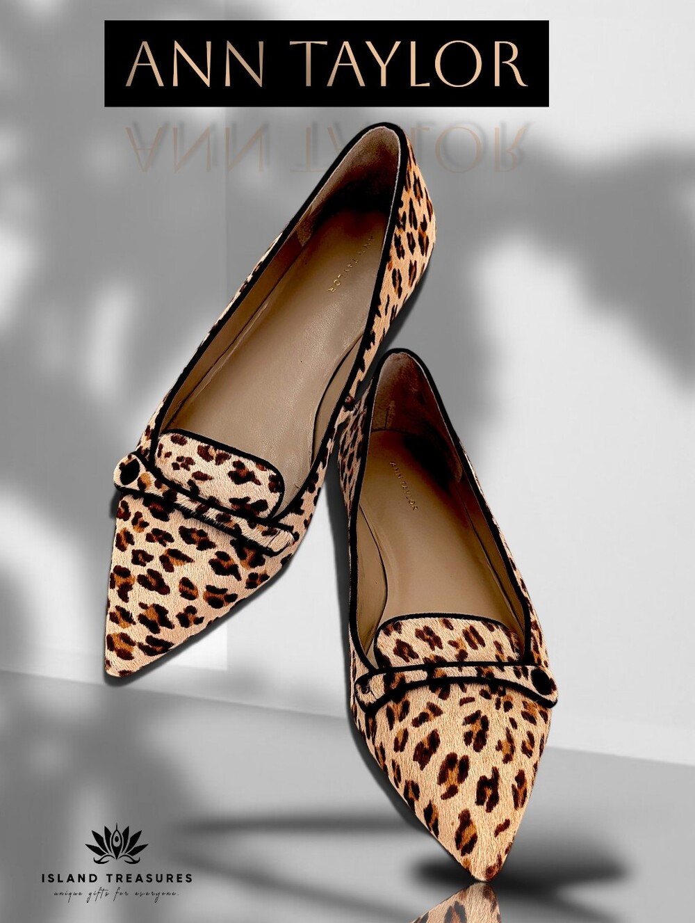 Ann Taylor Sz 9 Leopard-Print Luxurious Calf Hair Tan | Black Piping Detail Flat